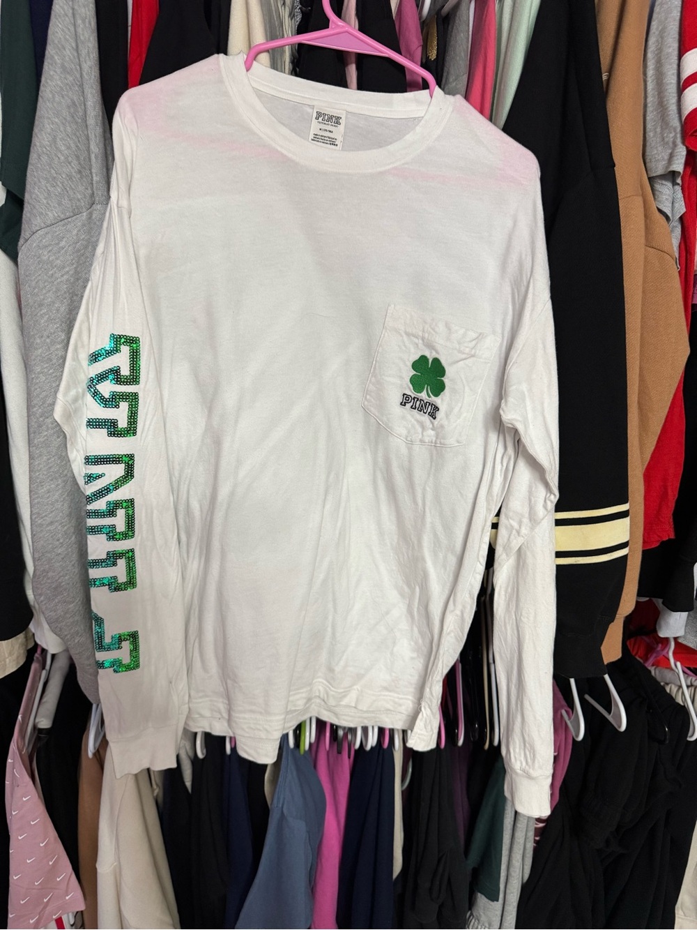 PINK Victoria's Secret White Long-Sleeve Pocket Tee with Green Clover